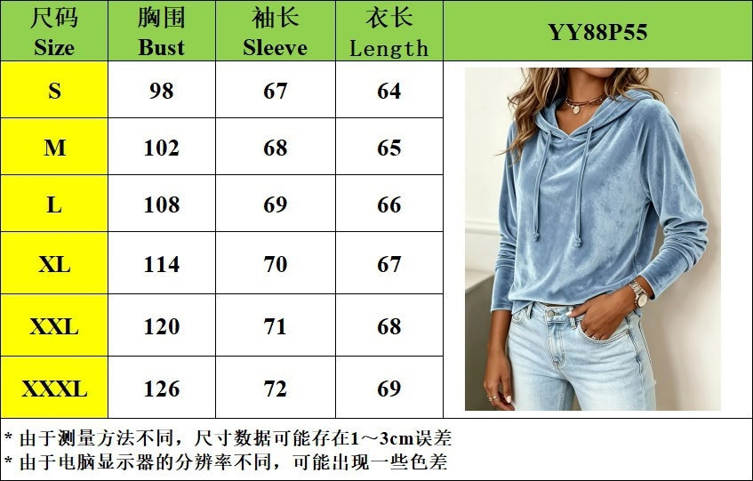 Women's Velvet-Look Drawstring Hoodie - S to XXXL bust, sleeve and length chart