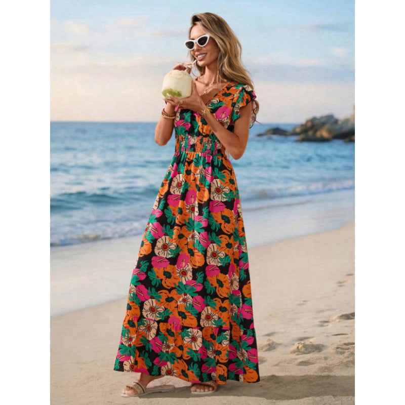 V-Neck Floral Slim-Fit Fashionable Dress