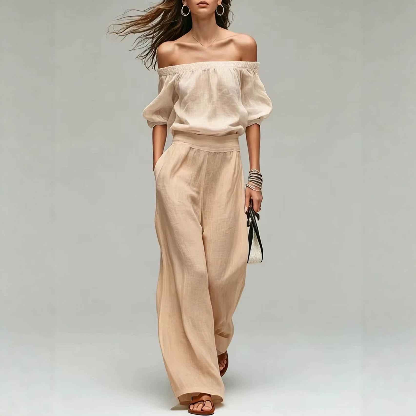 Cinched-top Blouse And Linen-textured Wide-leg Pants Set