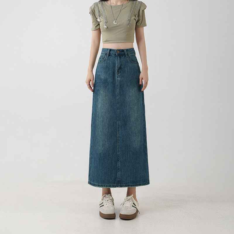Women's High-Waisted A-Line Denim Midi Skirt