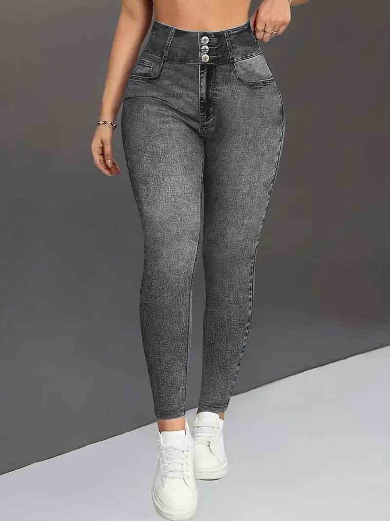 European And American Denim-like Printed Tight Trousers