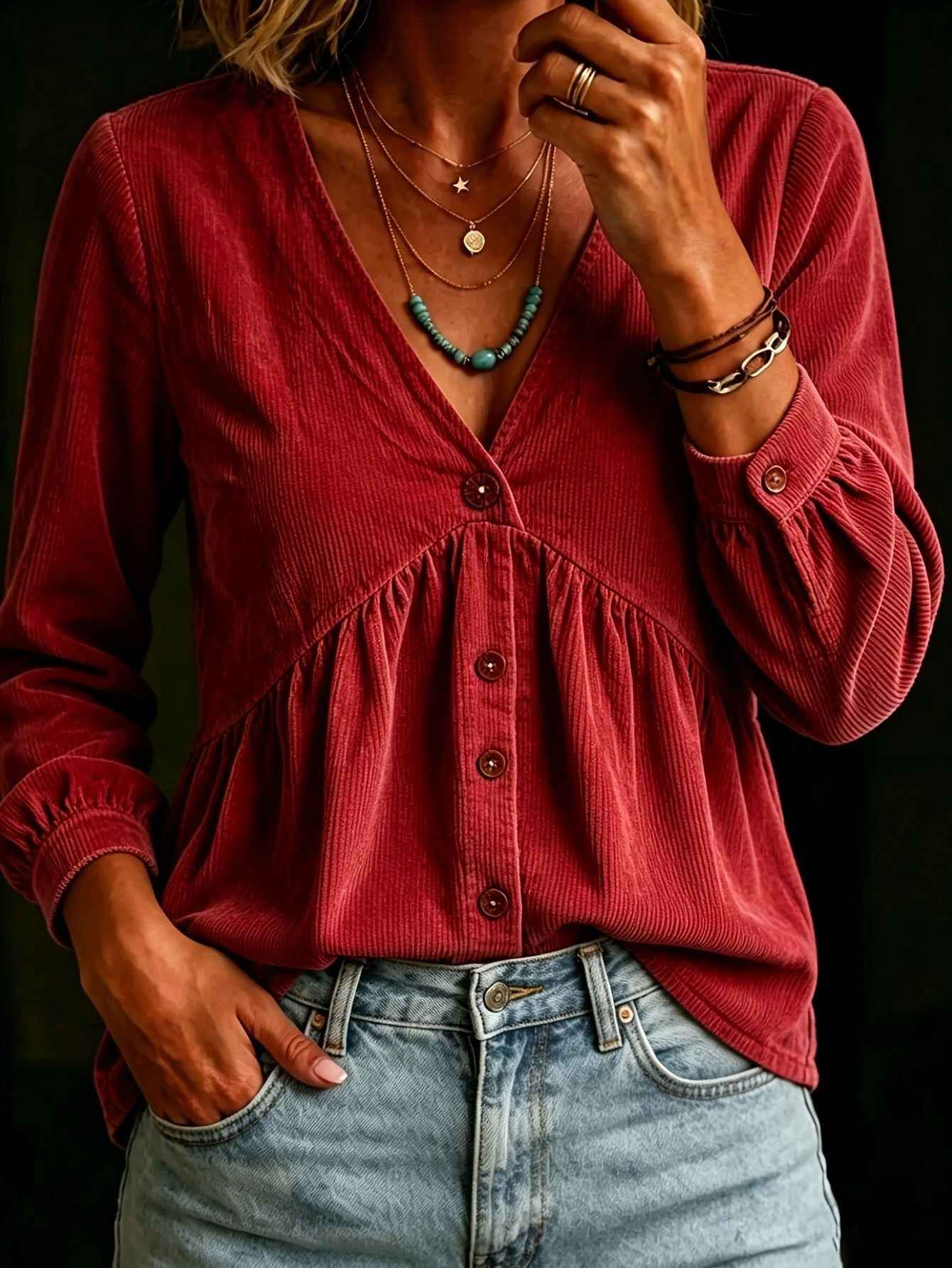 Corduroy V-neck Button-down Shirt Fashionable T-shirt Casual Pleated Top