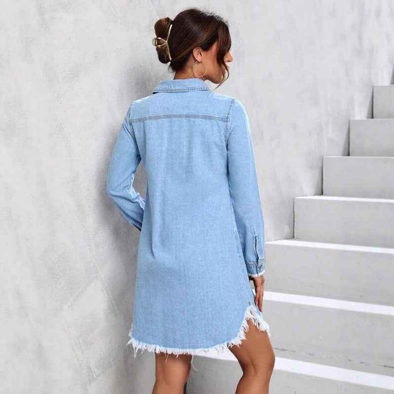 Light Blue Frayed-Edge Denim Jacket – Casual A-Line Style