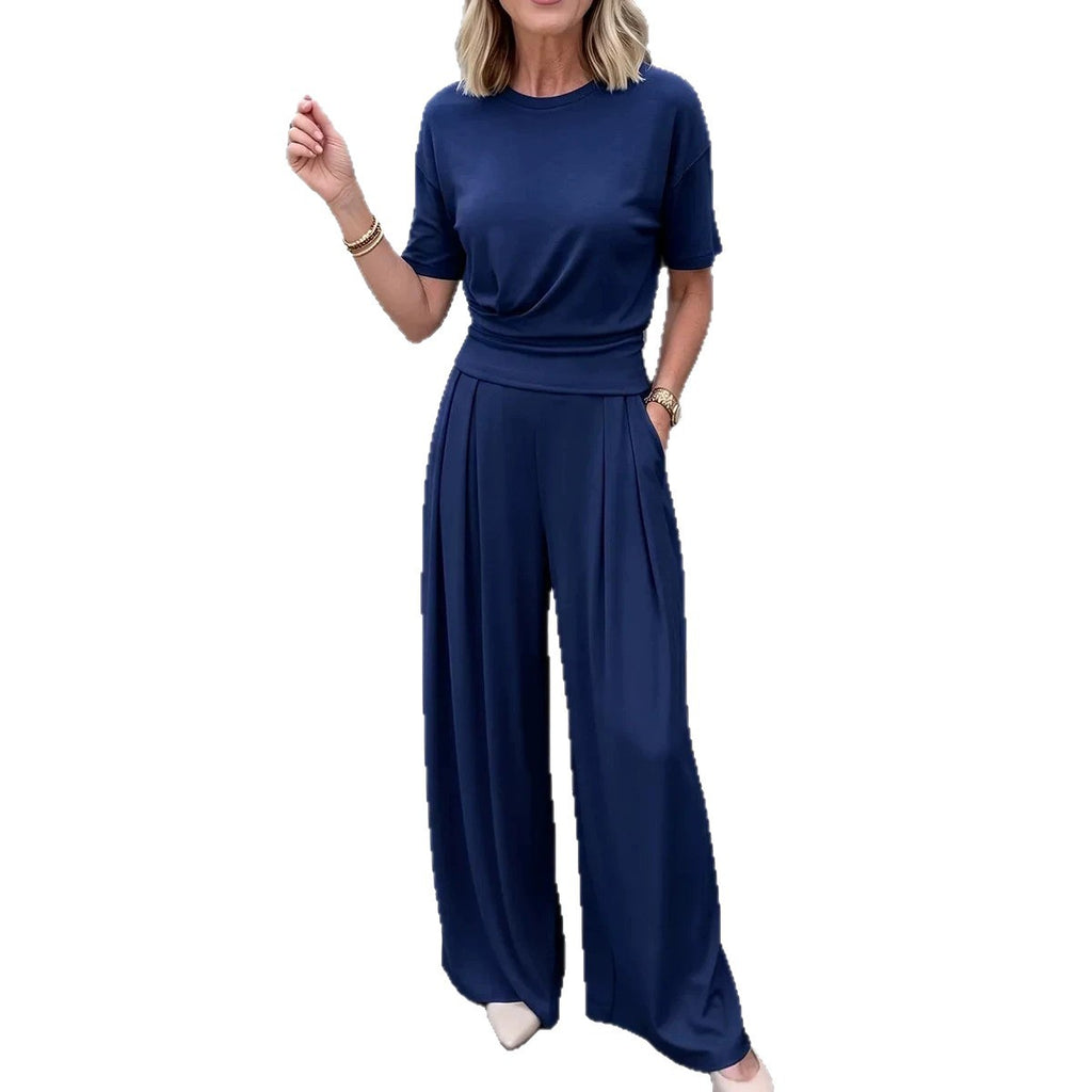 Loose Crew-Neck Tee & Wide-Leg Pants Set with Pockets