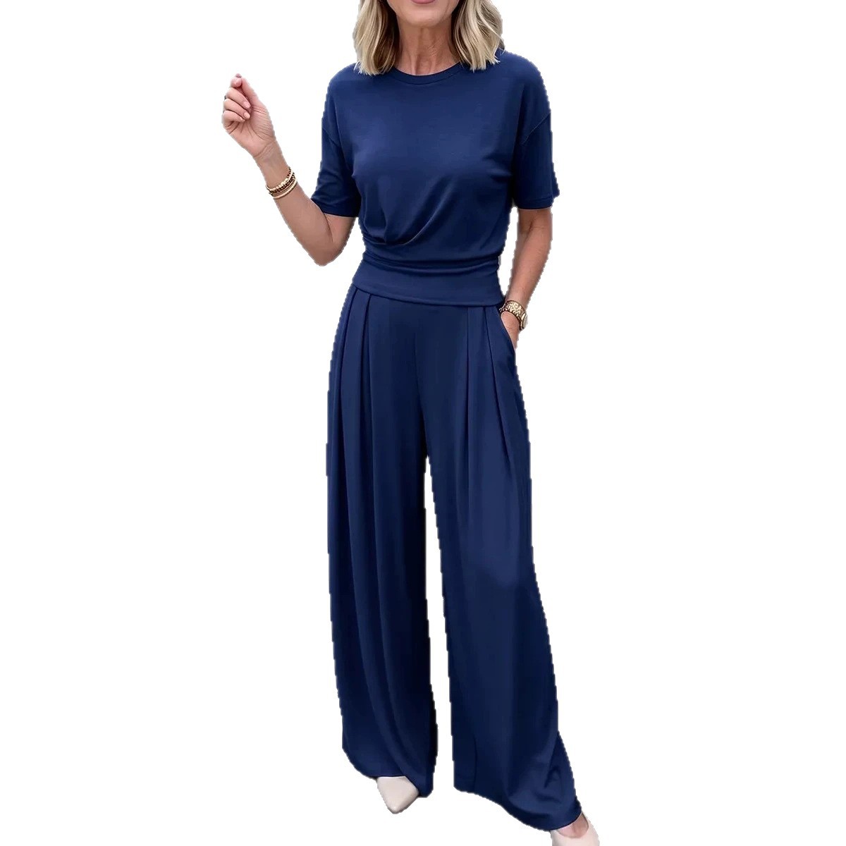 Loose Crew-Neck Tee & Wide-Leg Pants Set with Pockets