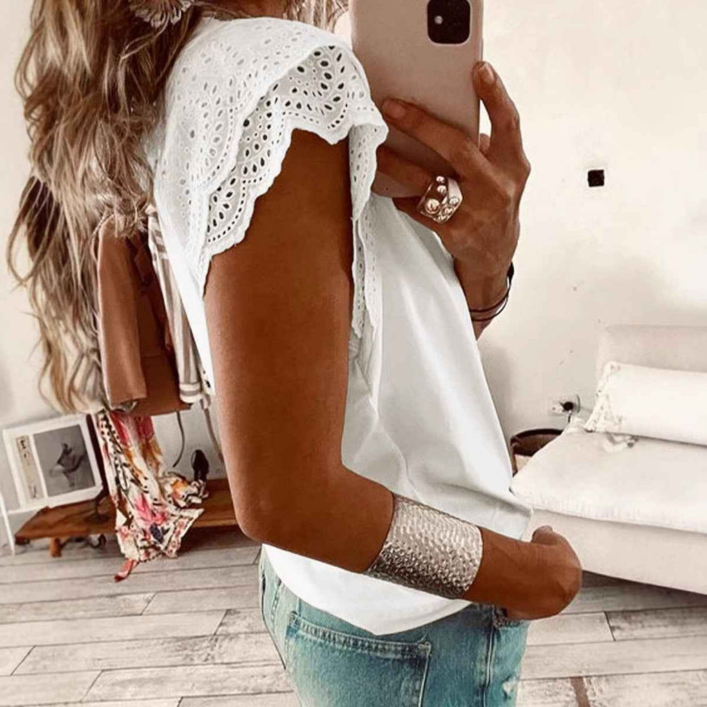 V-Neck Ruffle-Trim Loose Short Sleeve Shirt