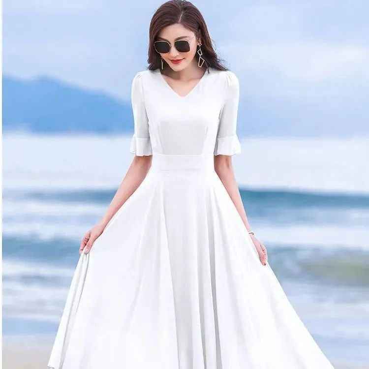 Short-height Long-style Wide-hem Chiffon Dress Ultra-fairy And Elegant Beach Maxi Dress