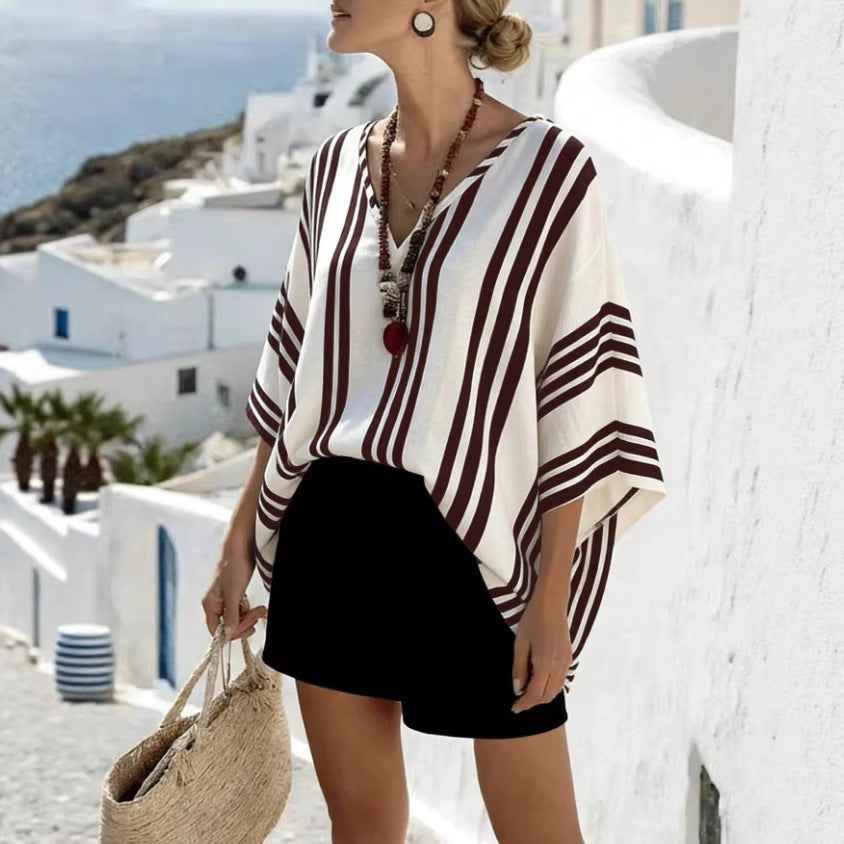 Striped Batwing-Sleeve Loose-Fit Top