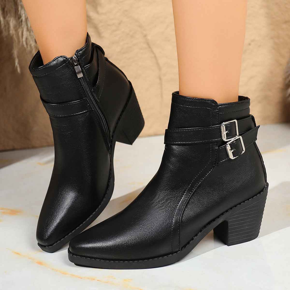 Chunky Heel Ankle Boots — Belt Buckle, Pointed Toe