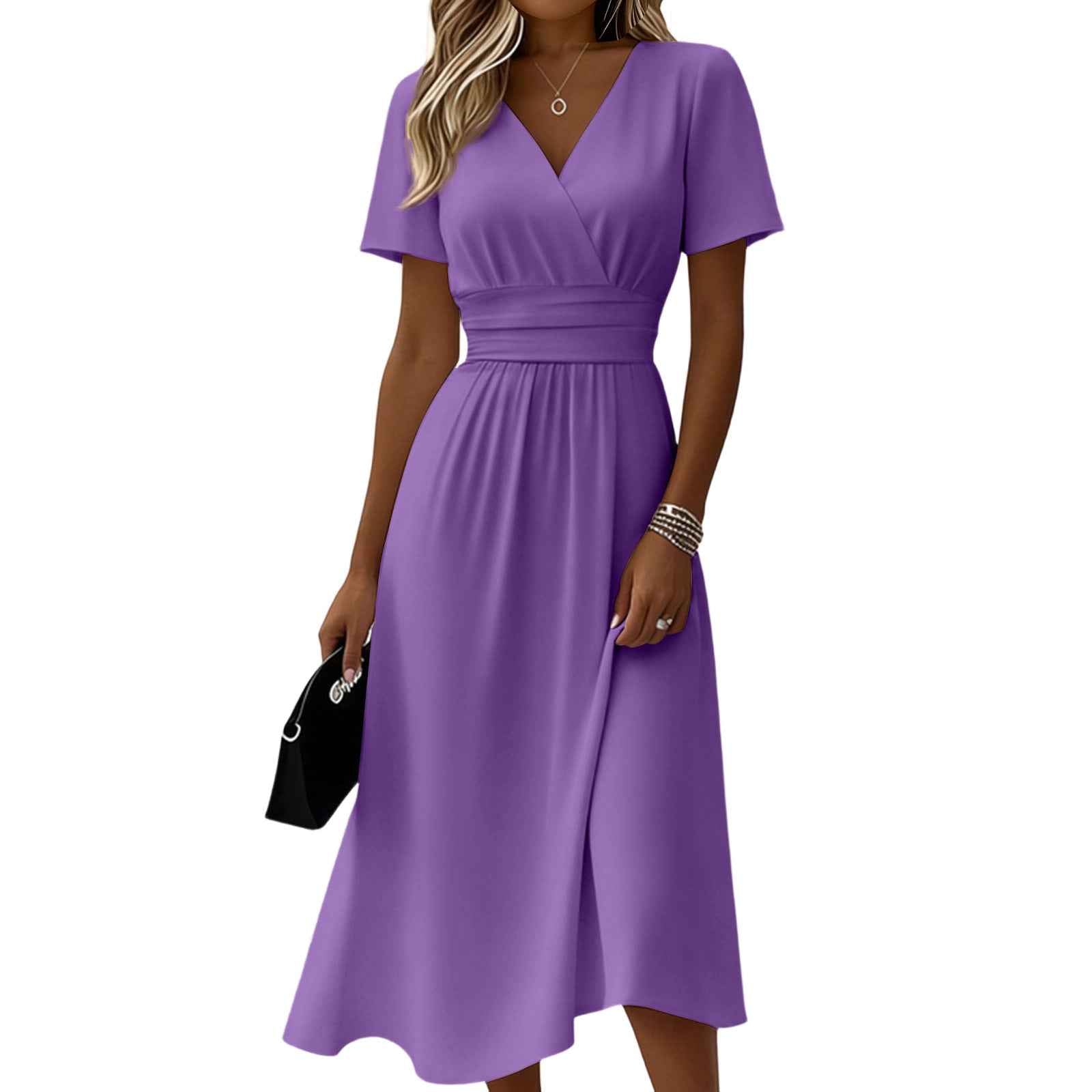 A-Line Pleated Midi Dress – V-Neck, Short Sleeve, High Waist, 14 Colours