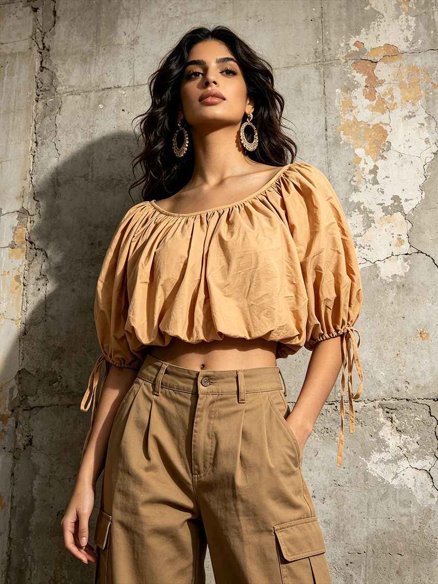 Off-Shoulder Puff Sleeve Crop Top | Drawstring Cropped Blouse