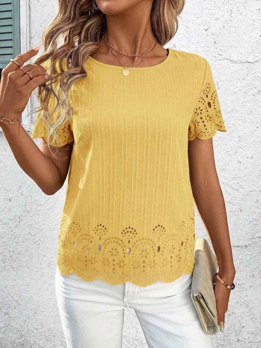 European And American Plus Size Womens Round Neck Hollow Out Short Sleeve Top With Burned Out Floral Design