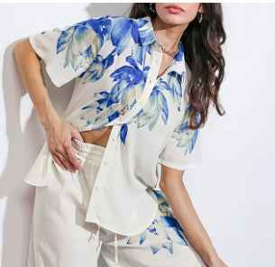 Printed 3/4-Sleeve Top & Wide-Leg Trousers Set — Summer Casual