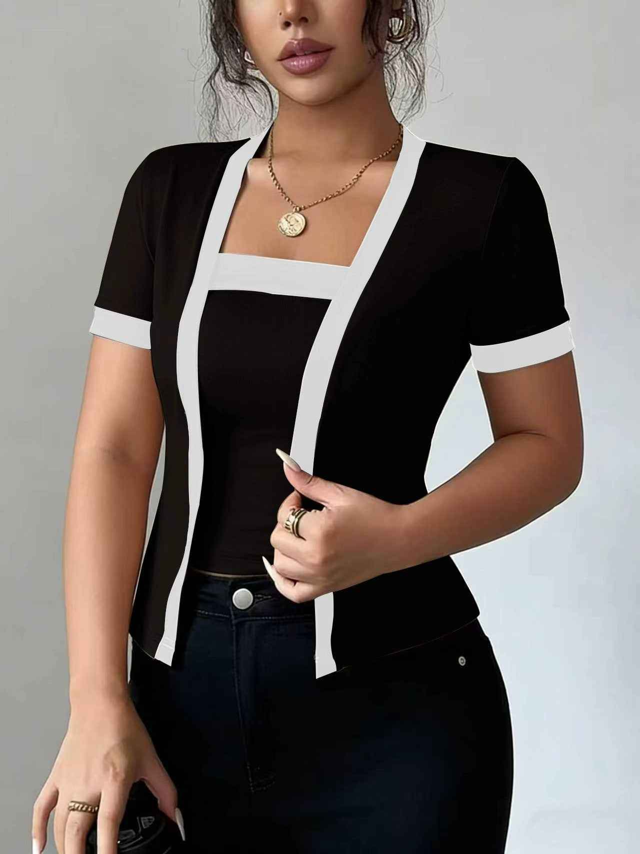Patchwork Mock Two-Piece Slim Knit Top