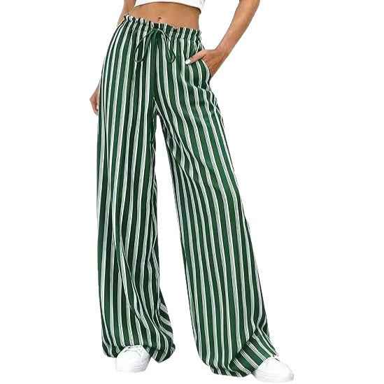 Striped Relaxed-fit Casual Wide-leg Trousers With An Elastic Waist