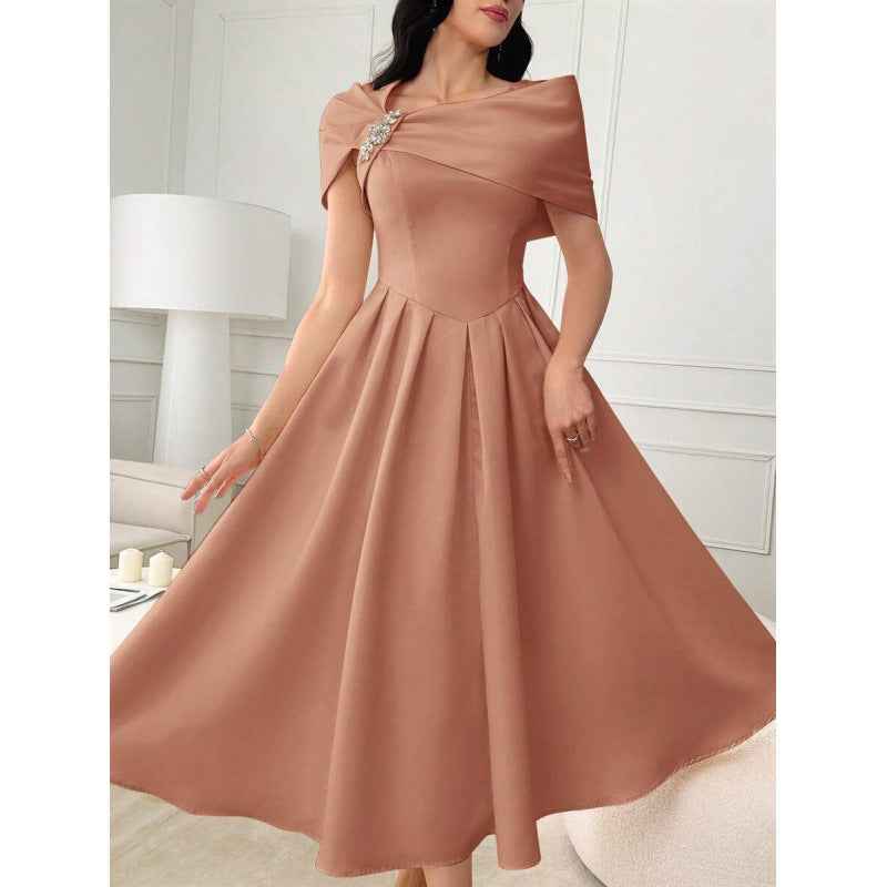 Asymmetric Diamond-Embellished Short-Sleeve Dress — Slim Fit, Elegant