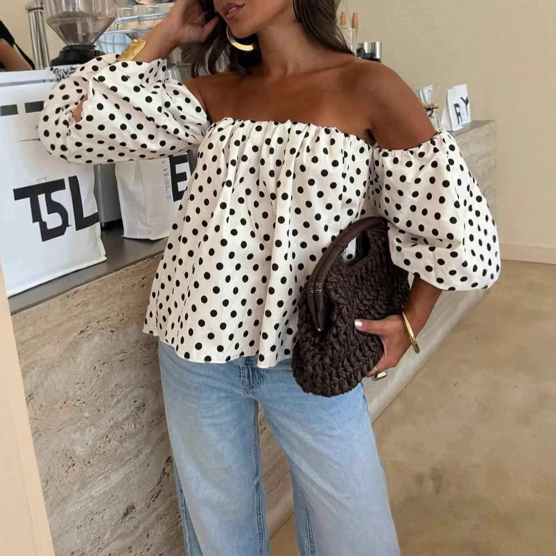 Off-Shoulder Polka Dot Top — Puff Lantern Sleeves
