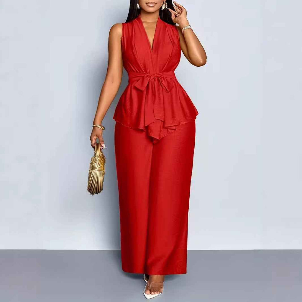 Womens V-neck Sleeveless Asymmetrical Top And Wide-leg Pants Set