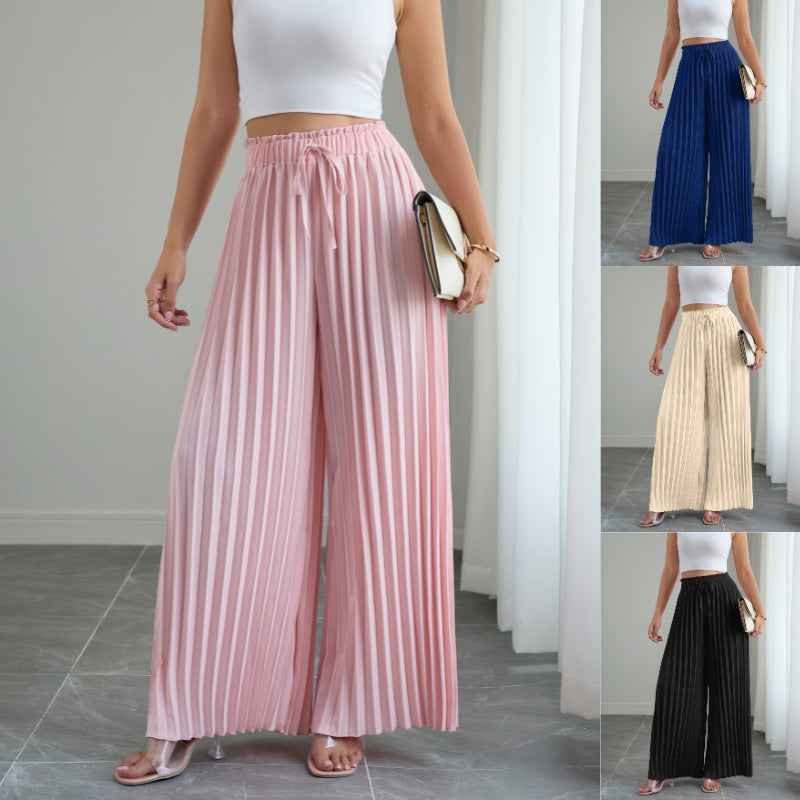 Pleated Wide-Leg Pants — Elastic Waist, Drawstring, 4 Colours, S–XXL