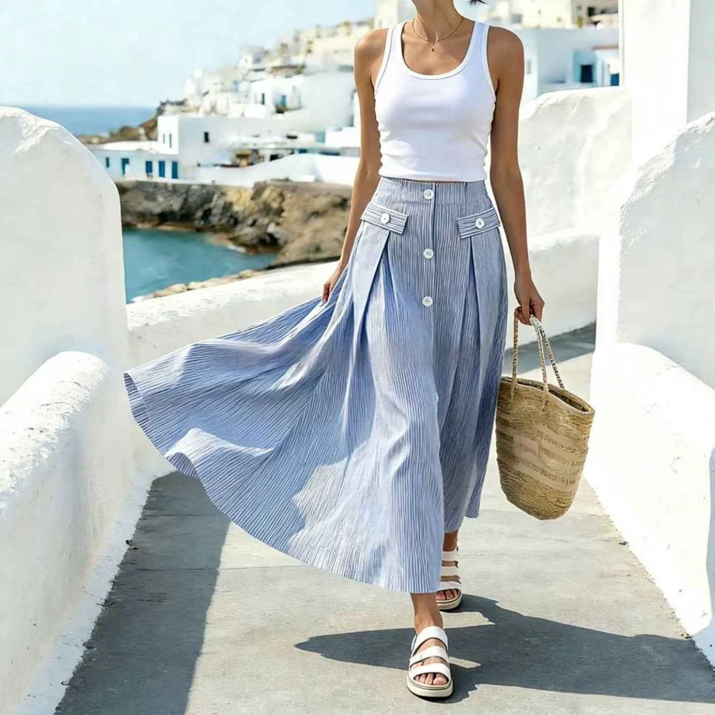 Striped Patchwork Ankle-Length Straight Skirt