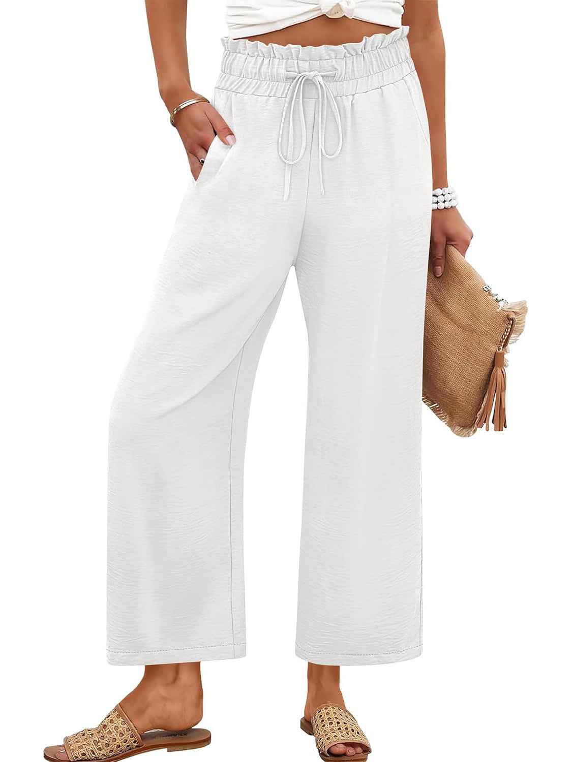 Lace-Trim Drawstring Cropped Wide-Leg Pants