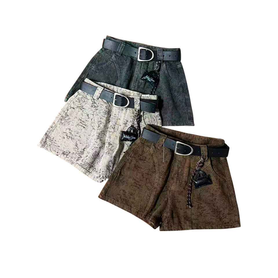 High-Waisted Acid Wash Denim Shorts with Belt – Marbled Straight Leg