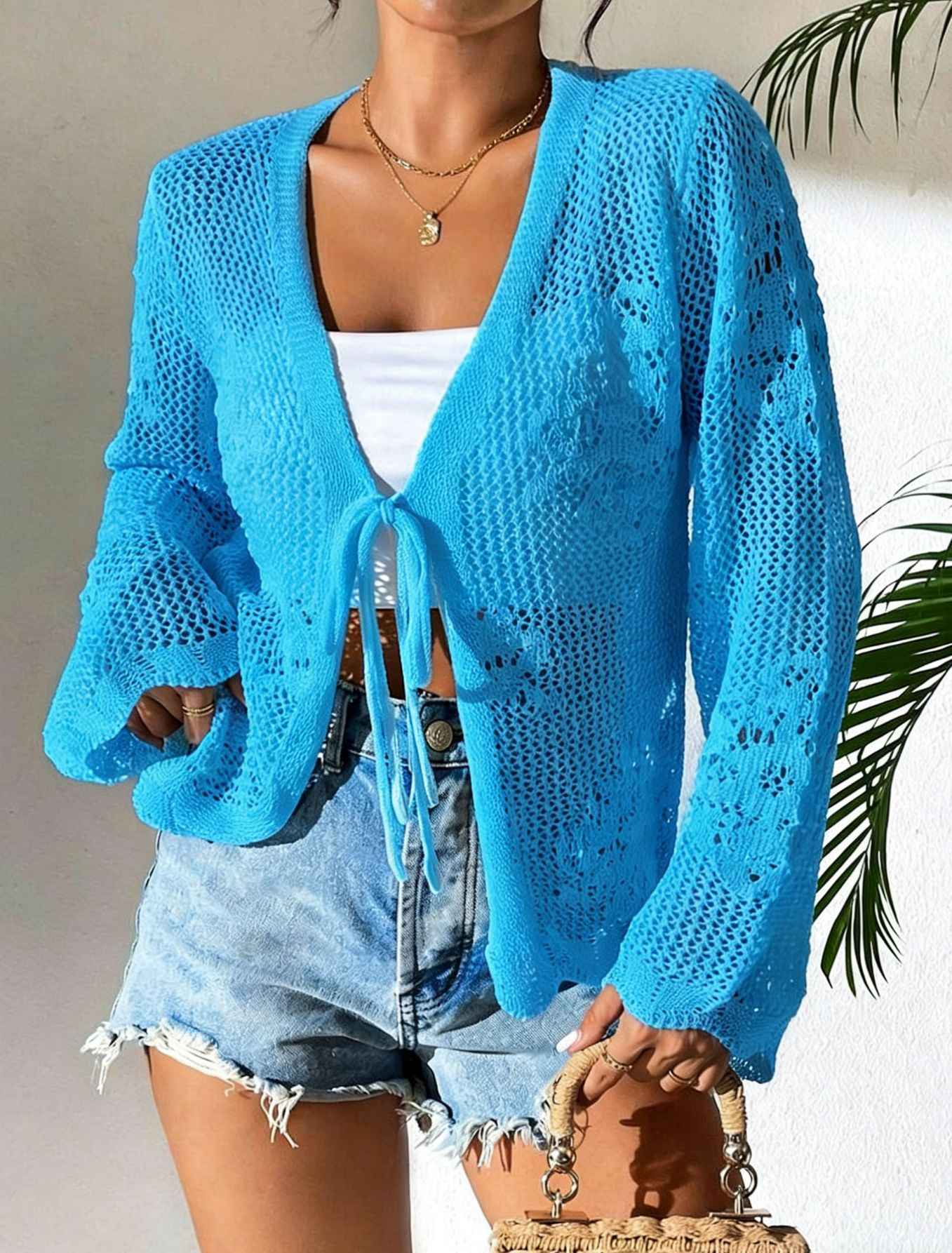 Hollowed-out Lace-up Knitted Cardigan Top Womens Sweater