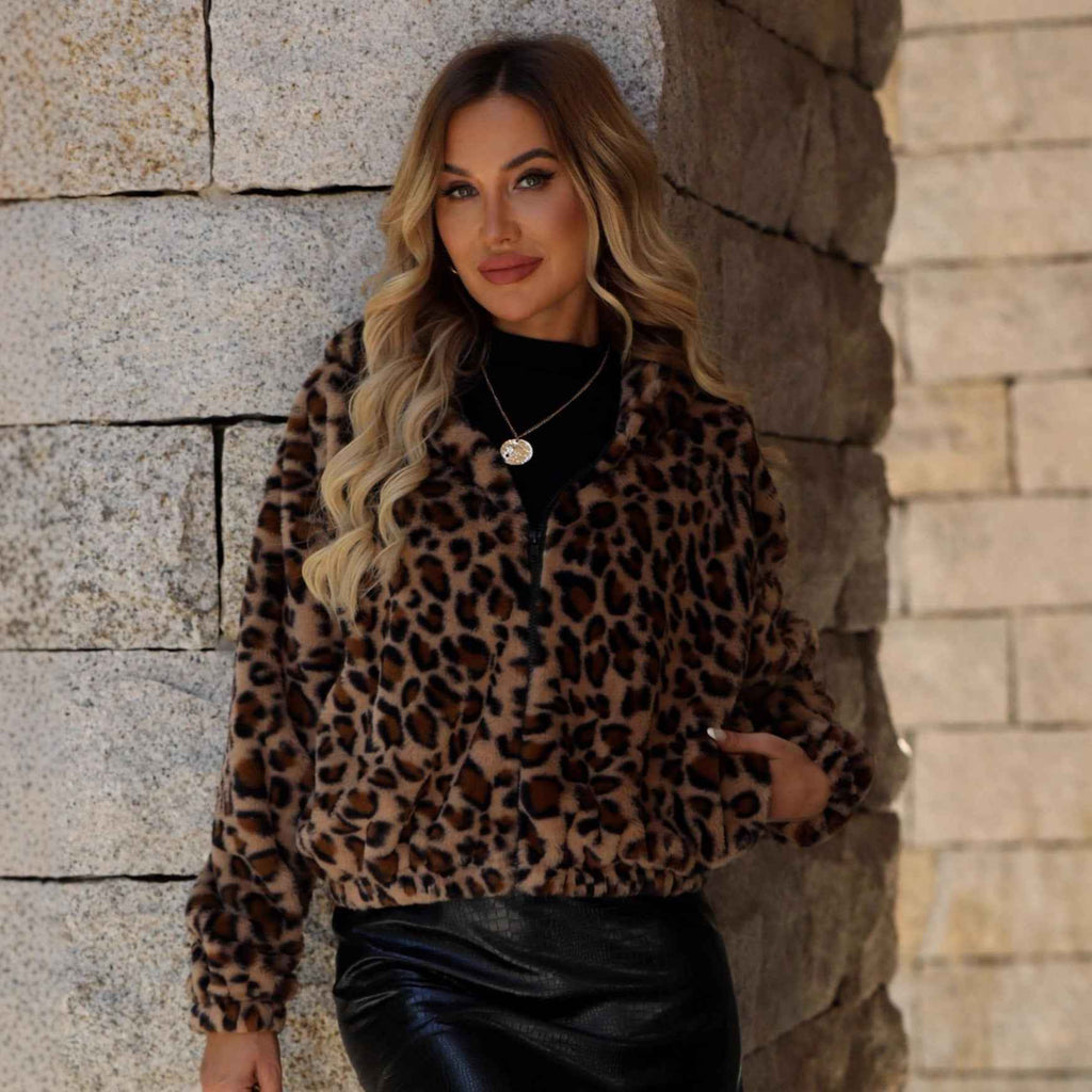 Women's Leopard Print Plush Zip-Up Jacket — Cropped Relaxed Fit