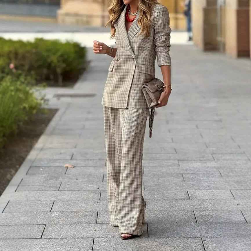 Plaid Lapel Blazer & High-Waist Wide-Leg Pants – Women’s Two-Piece Suit