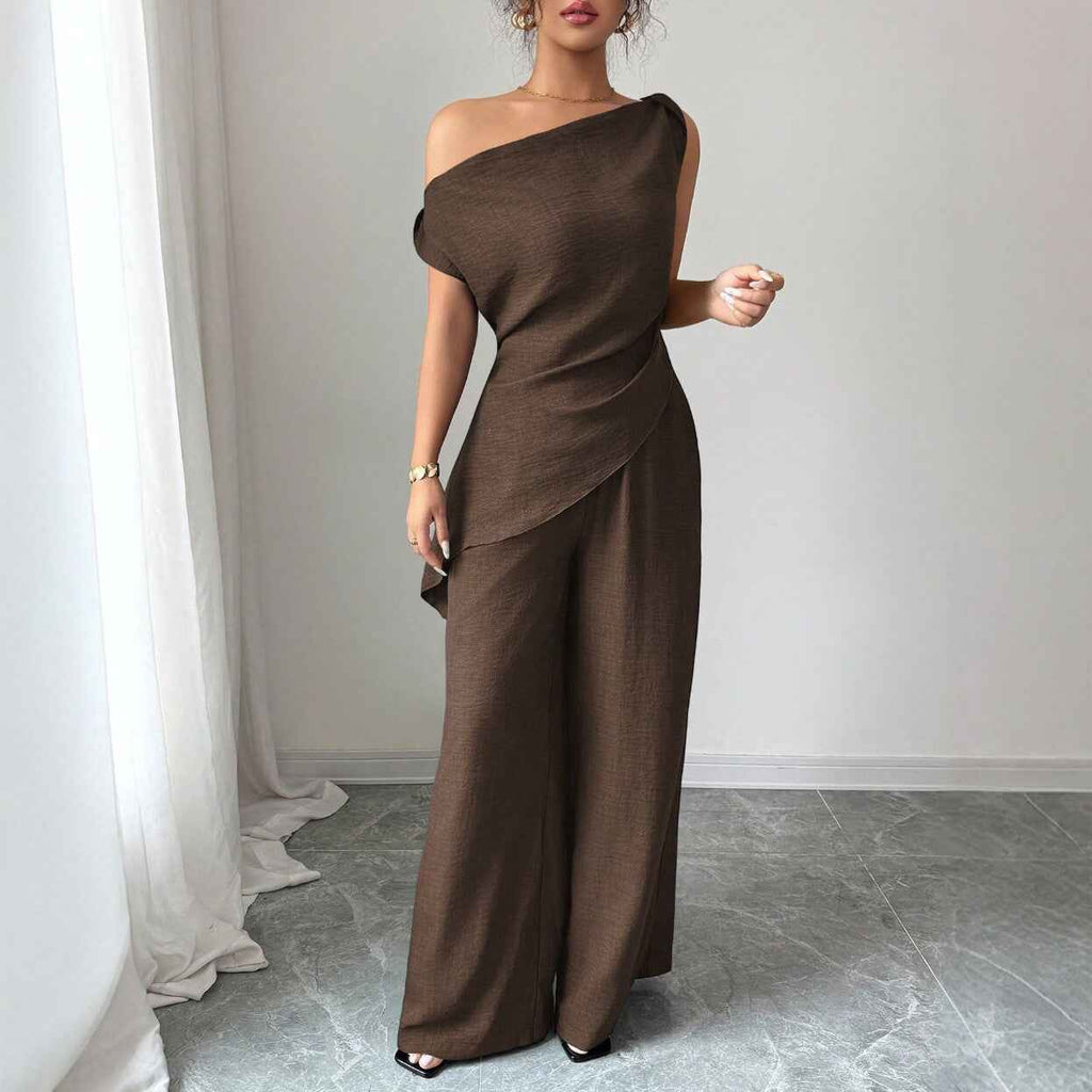Off-Shoulder Sleeveless Top & Wide-Leg Pants Two-Piece Set
