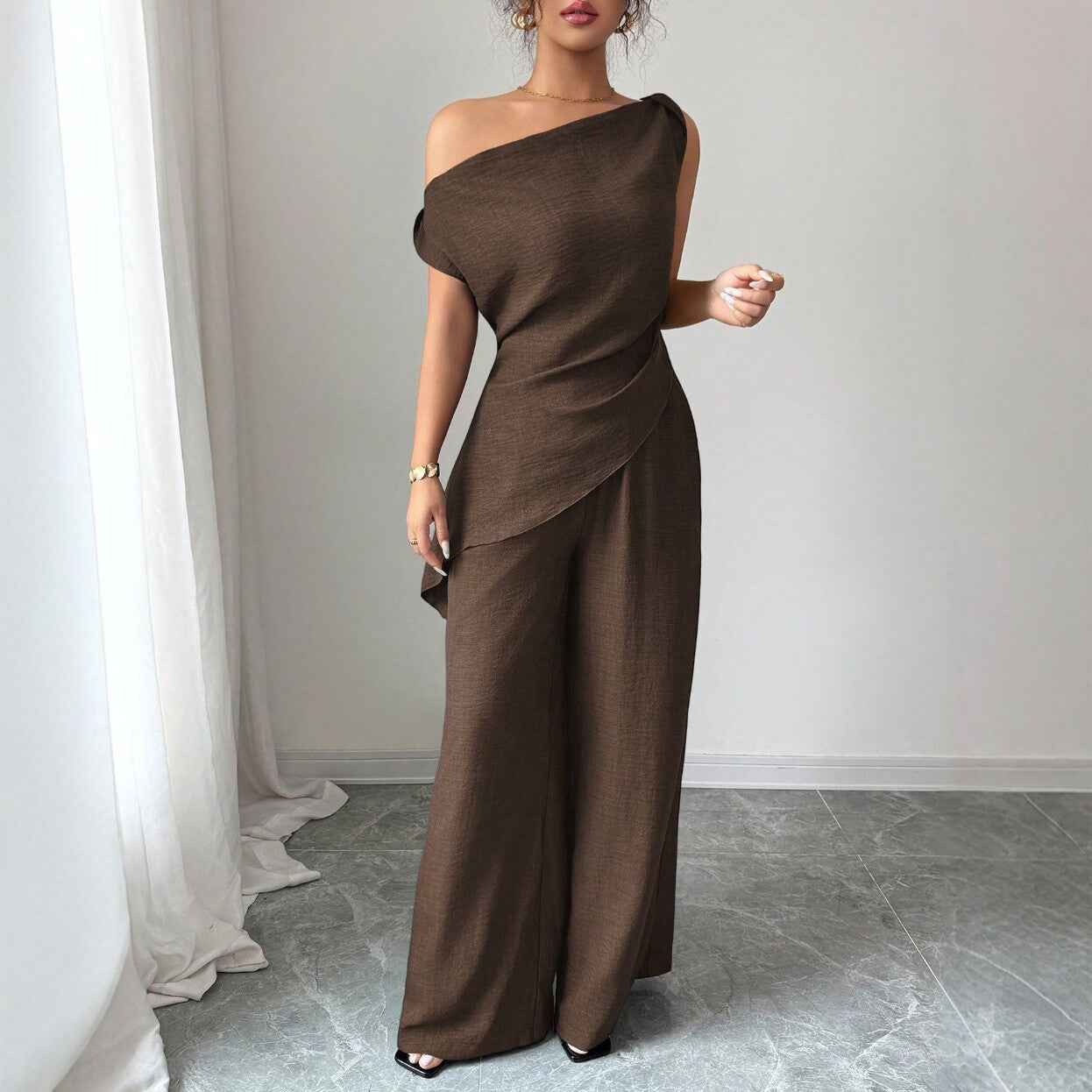 Off-Shoulder Sleeveless Top & Wide-Leg Pants Two-Piece Set