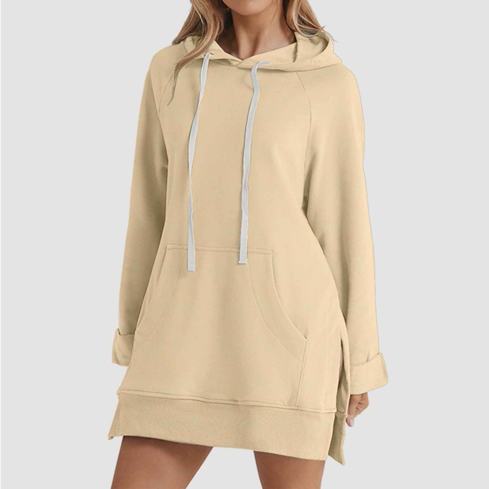 Womens Solid-color Hooded Mid-length Sweatshirt Now Available