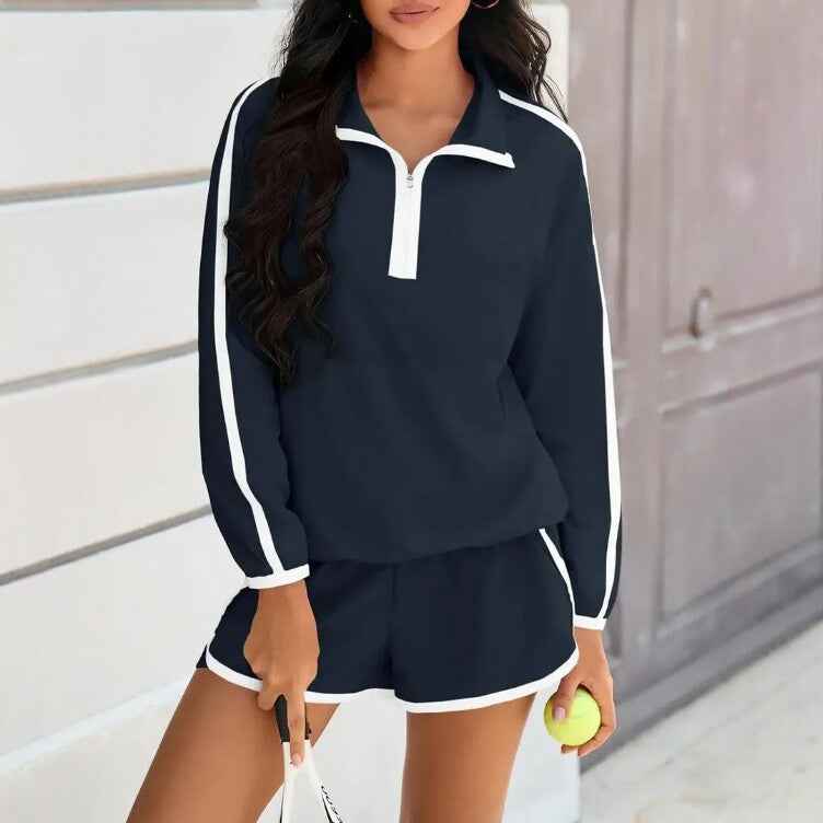 Women's Striped Long Sleeve Top & Drawstring Shorts Set
