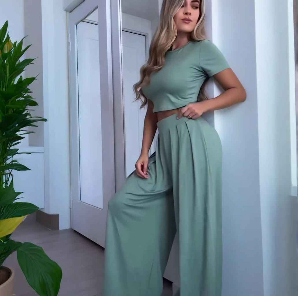 Women's Crew-Neck 3/4 Sleeve Top & Wide-Leg Pants Co-Ord Set — 4 Colours