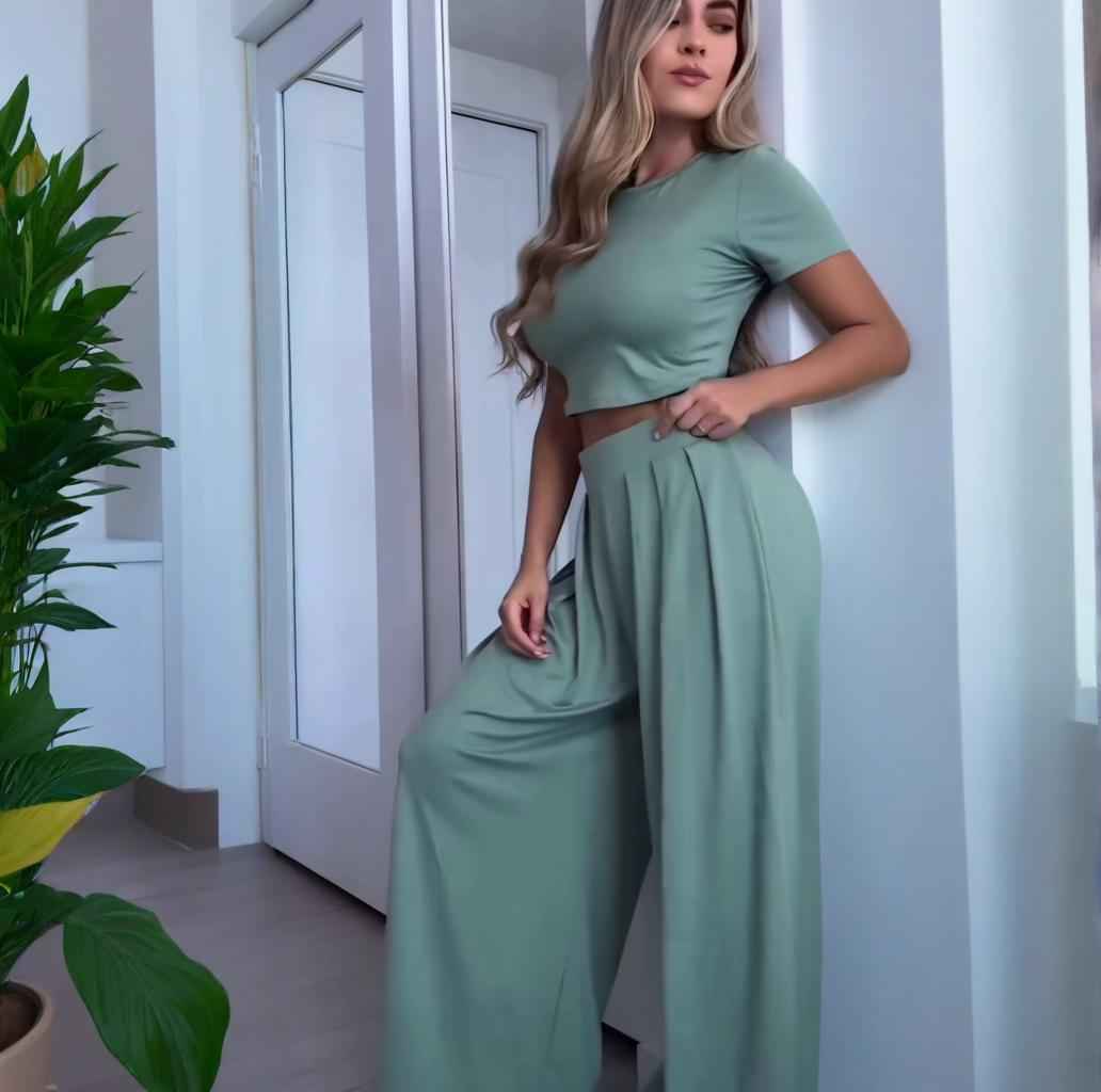 Women's Crew-Neck 3/4 Sleeve Top & Wide-Leg Pants Co-Ord Set — 4 Colours
