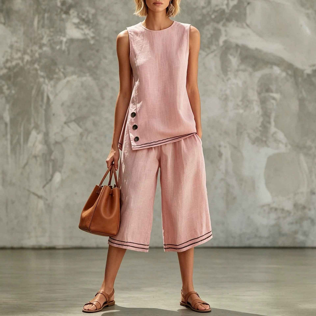 Colour-Block Sleeveless Side-Split Tank Top & Wide-Leg Cropped Pants Two-Piece Set