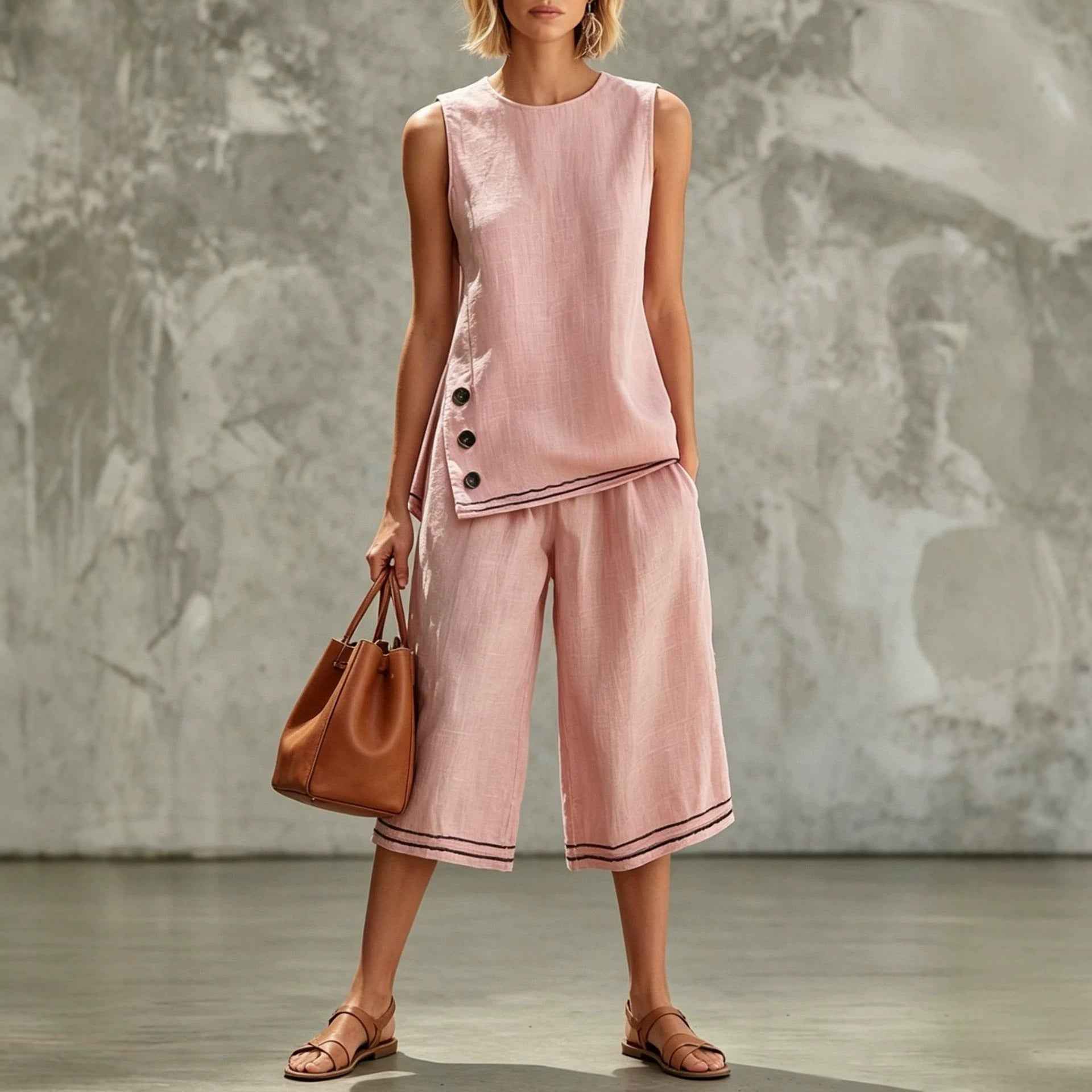 Colour-Block Sleeveless Side-Split Tank Top & Wide-Leg Cropped Pants Two-Piece Set