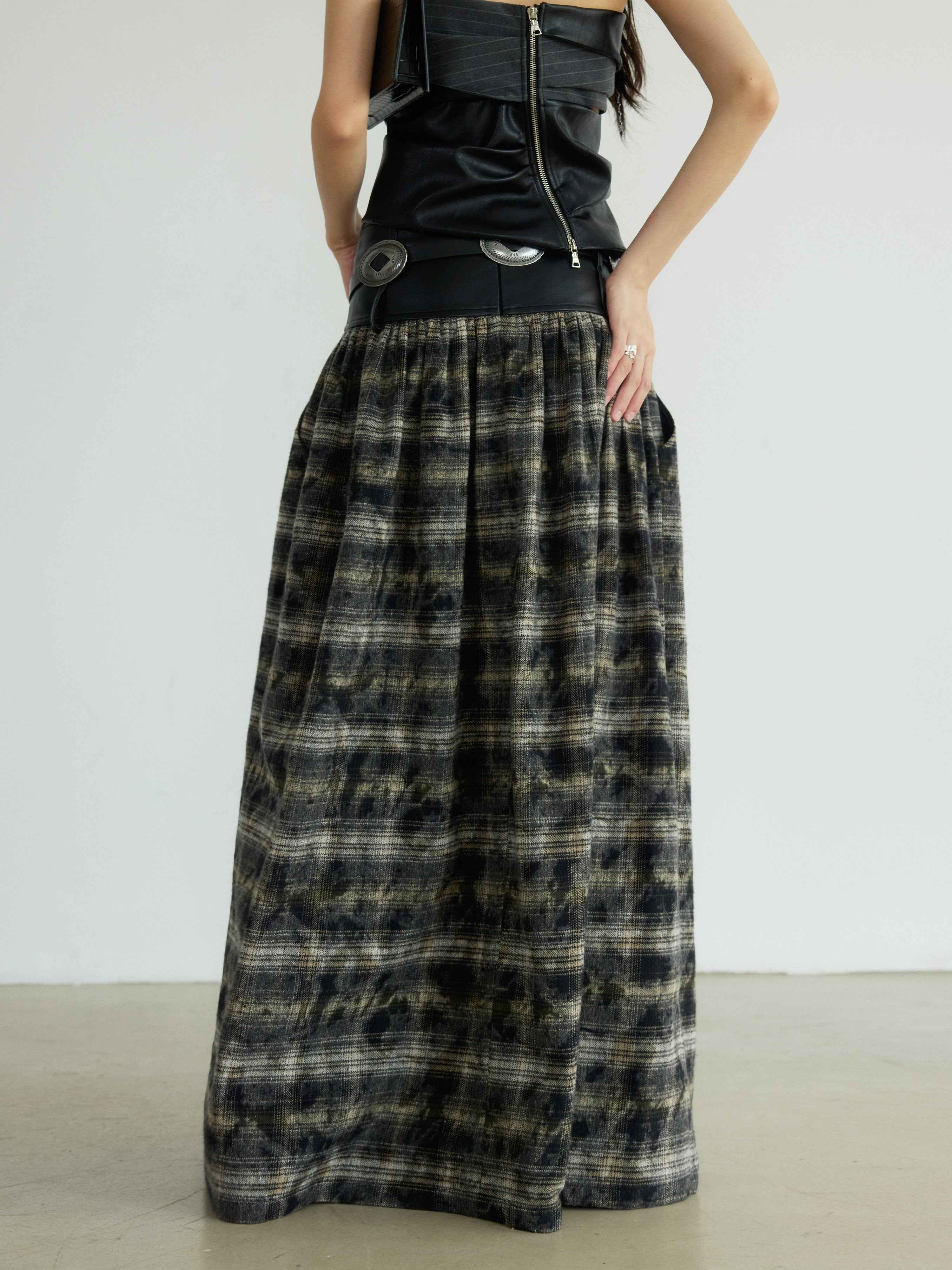 Women's Vintage Checkered Maxi Skirt – Black Cotton
