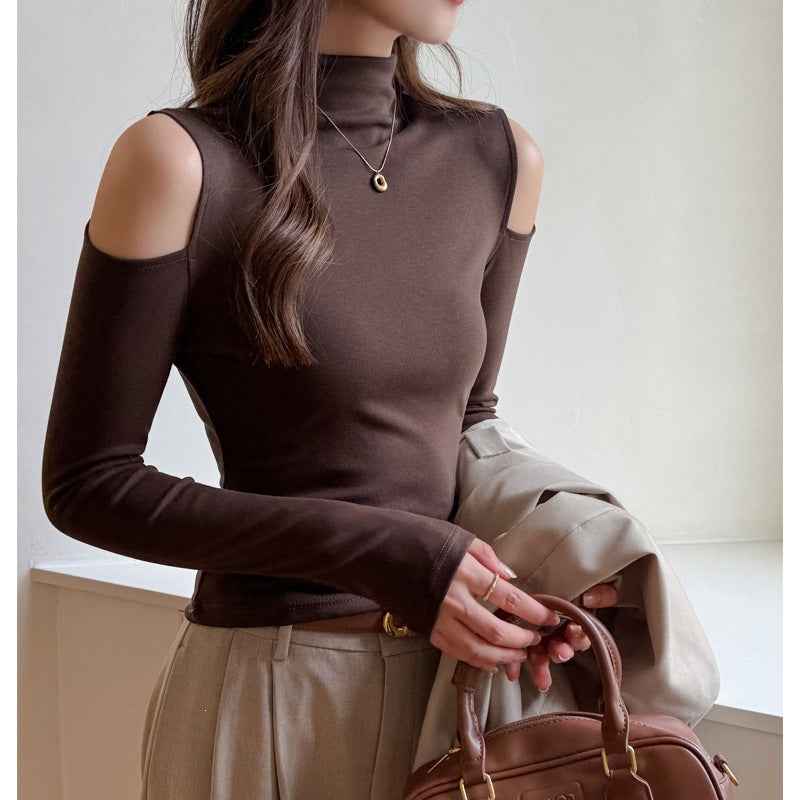 Mock Neck Off-Shoulder Slim-Fit Long-Sleeve Top — 4 Colours