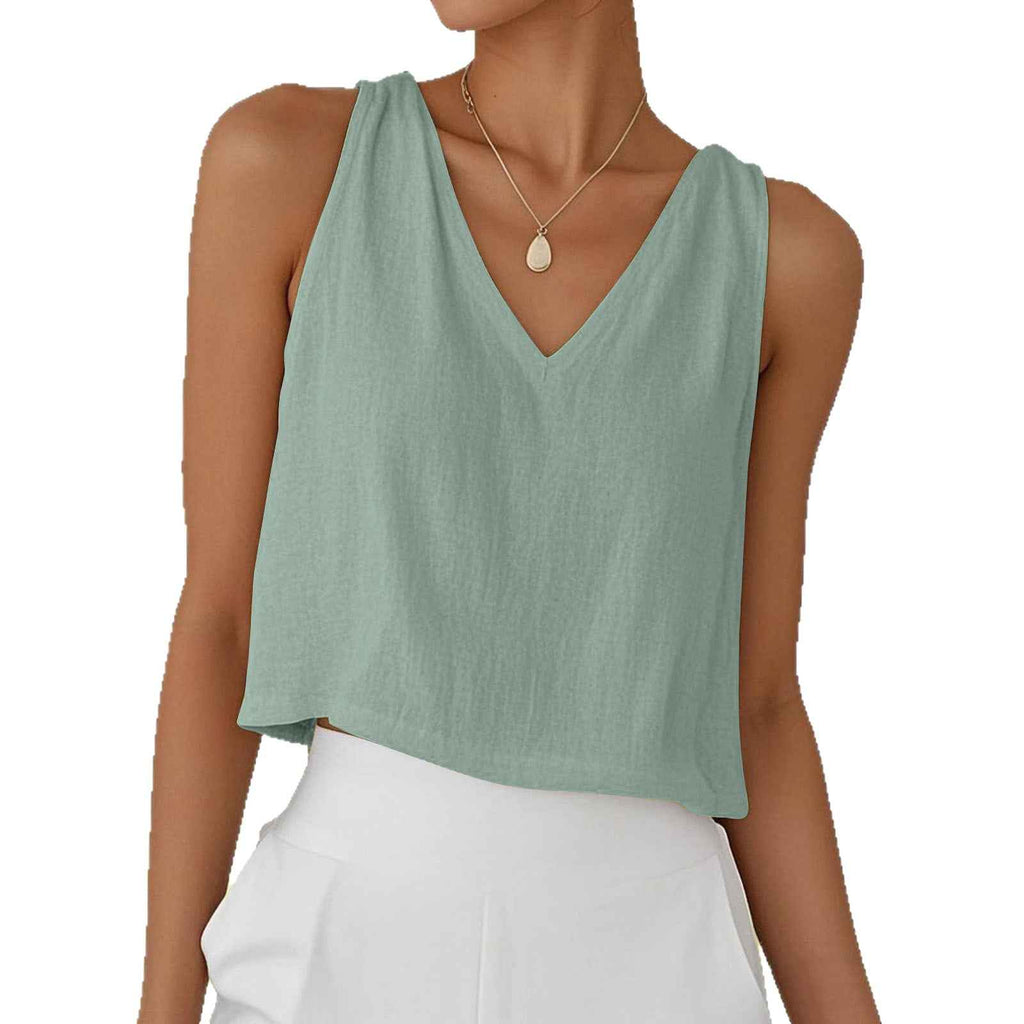 Women's Cotton Linen Sleeveless Vest — V-Neck High-Waist Cami Top