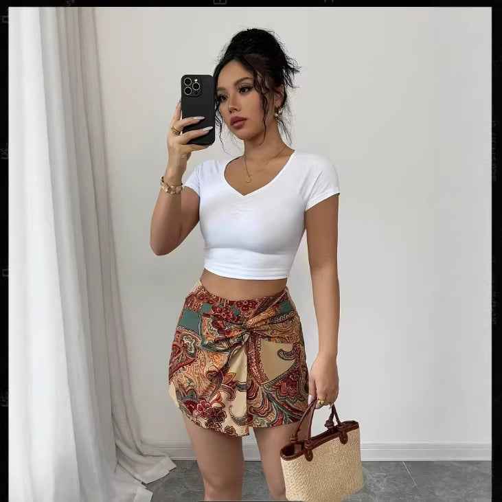 Womens Fashionable Paisley-Print Knotted Wrap Casual Resort Short Skirt