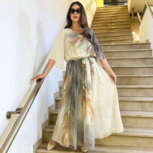 3D Floral Print A-Line Midi Dress with 3/4 Sleeves