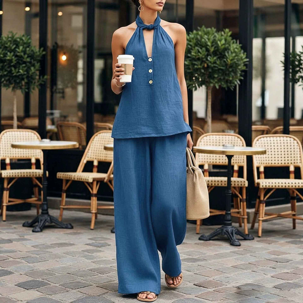 V-neck Halter Top And Wide-leg Trousers Two-piece Set