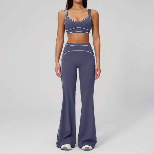 Contrast-color Brushed Yoga Set With Dual Shoulder Straps