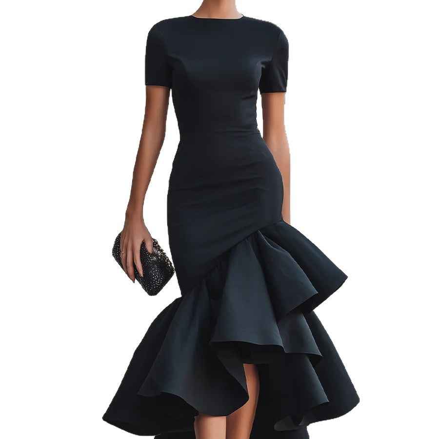 Short-Sleeve Mid-Waist Slim-Fit Knit Sheath Midi Dress