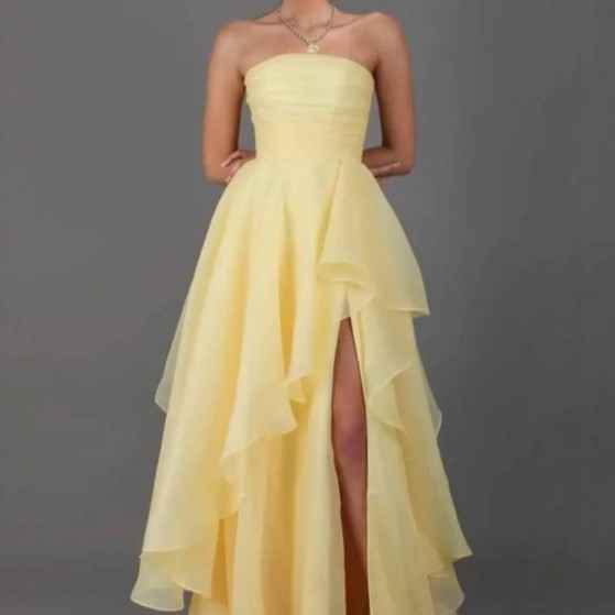 Women's Open-Back Asymmetric Hem Maxi Dress — Light Yellow, S–XL