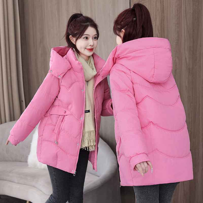 New Solid-Color Mid-Length Puffer Jacket With Hood