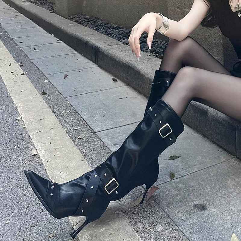 Pointed-Toe Rivet Buckle High-Heel Long Boots