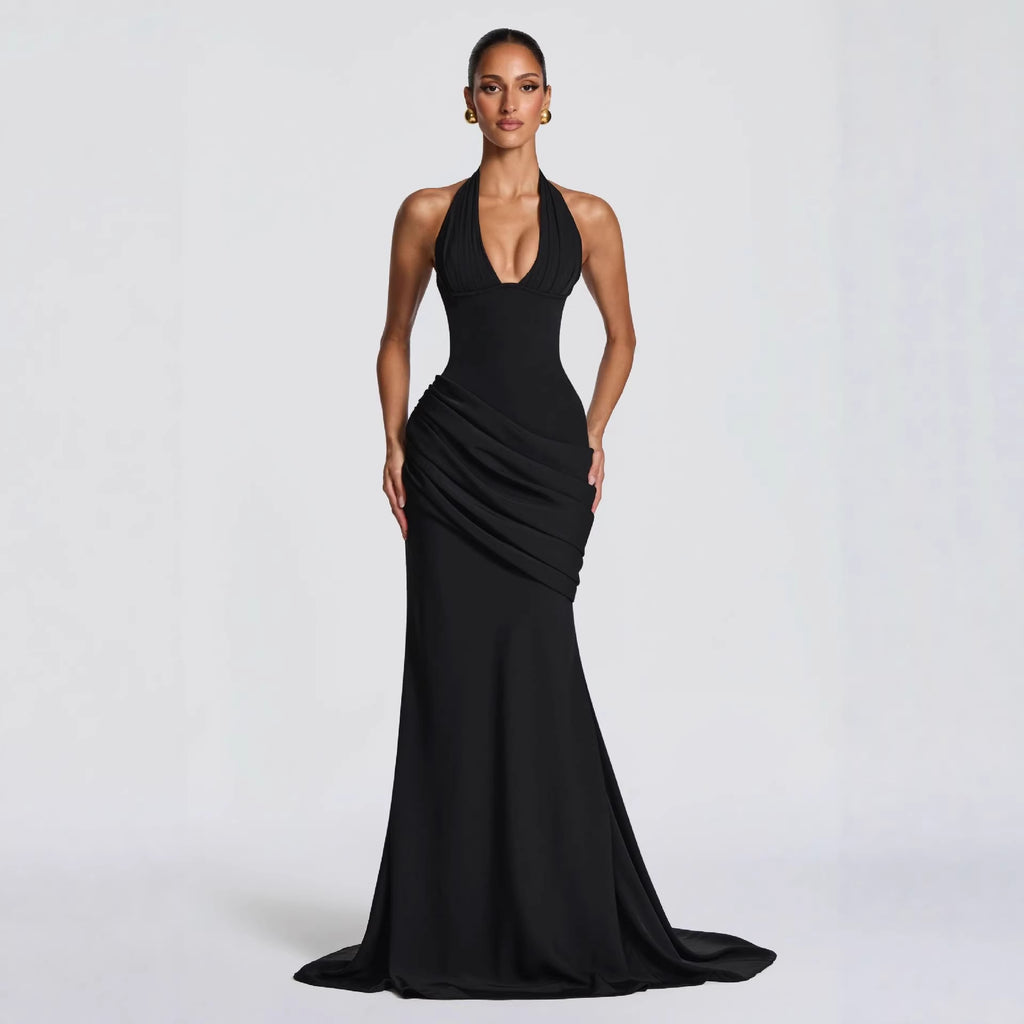 Halter-Neck Pleated A-Line Maxi Dress — Cinched Waist, Sleeveless, Elegant