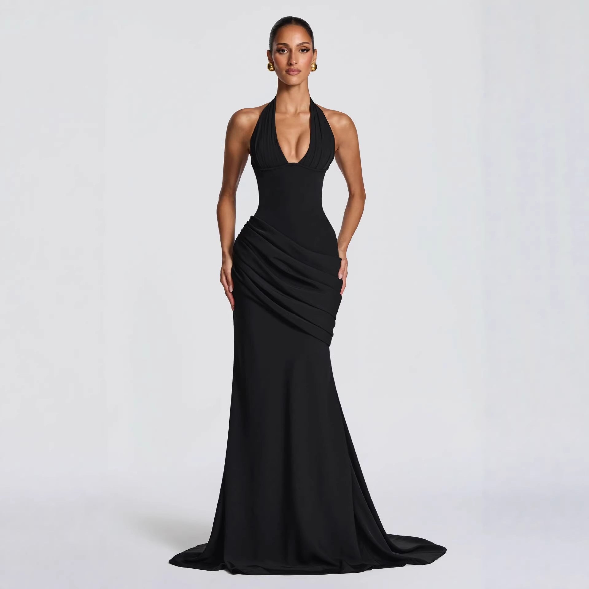 Halter-Neck Pleated A-Line Maxi Dress — Cinched Waist, Sleeveless, Elegant